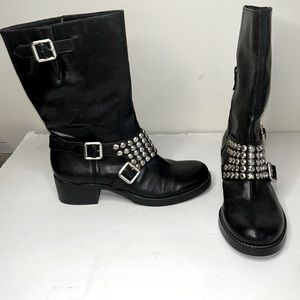 BCBG Harley Black 10" tall boots with silver studs buckles Women Sz 6 NWT Biker